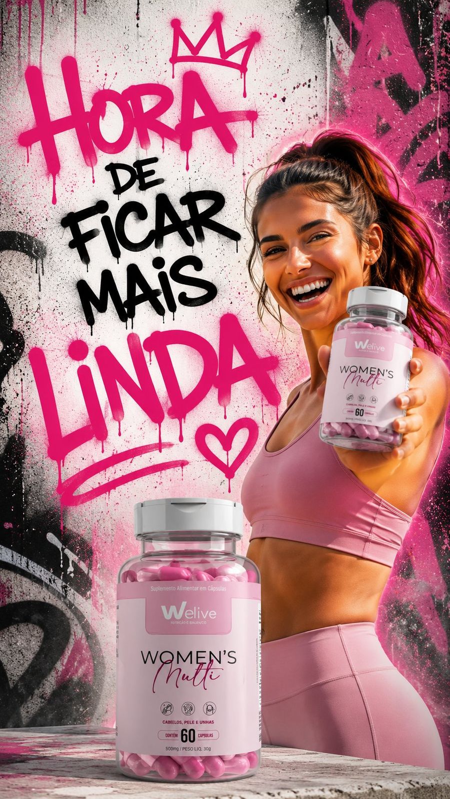 Campanha Welive Women's Multi - Hora de ficar mais linda - mulher fitness sorrindo segurando o frasco de cabelos, pele e unhas