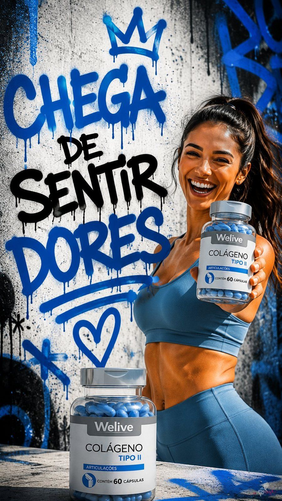 Campanha Welive Colágeno Tipo II - Chega de sentir dores - mulher fitness sorrindo segurando o frasco do produto